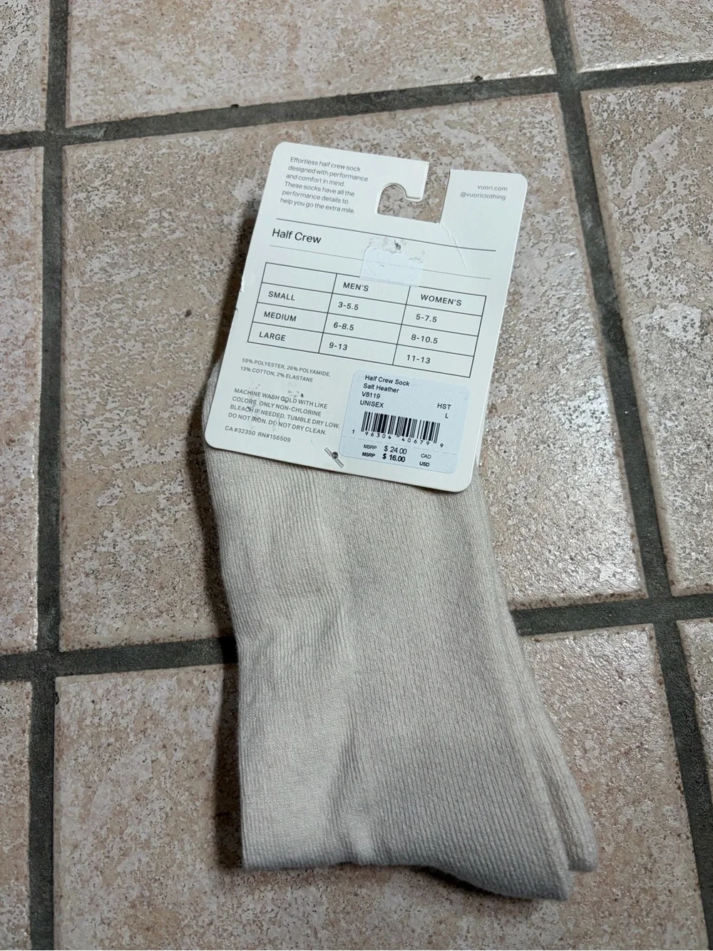 NWT Vuori Half Crew Socks (Salt Heather) Size L